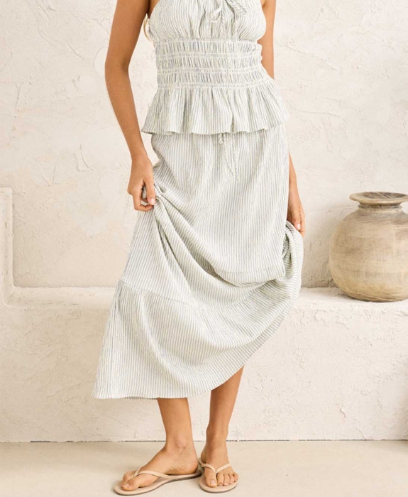Rhythm - Driftwood Stripe Ruffle Midi Skirt